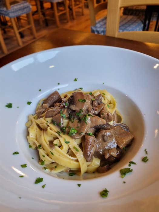 PRIMI PIATTI - Tagliatelle con salsa ai funghi, panna e sugo d'arrosto
